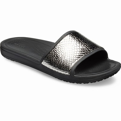 Crocs Bayan Slaytları | Crocs Sloane Metallic Texture - Siyah, Boyut 36-44
